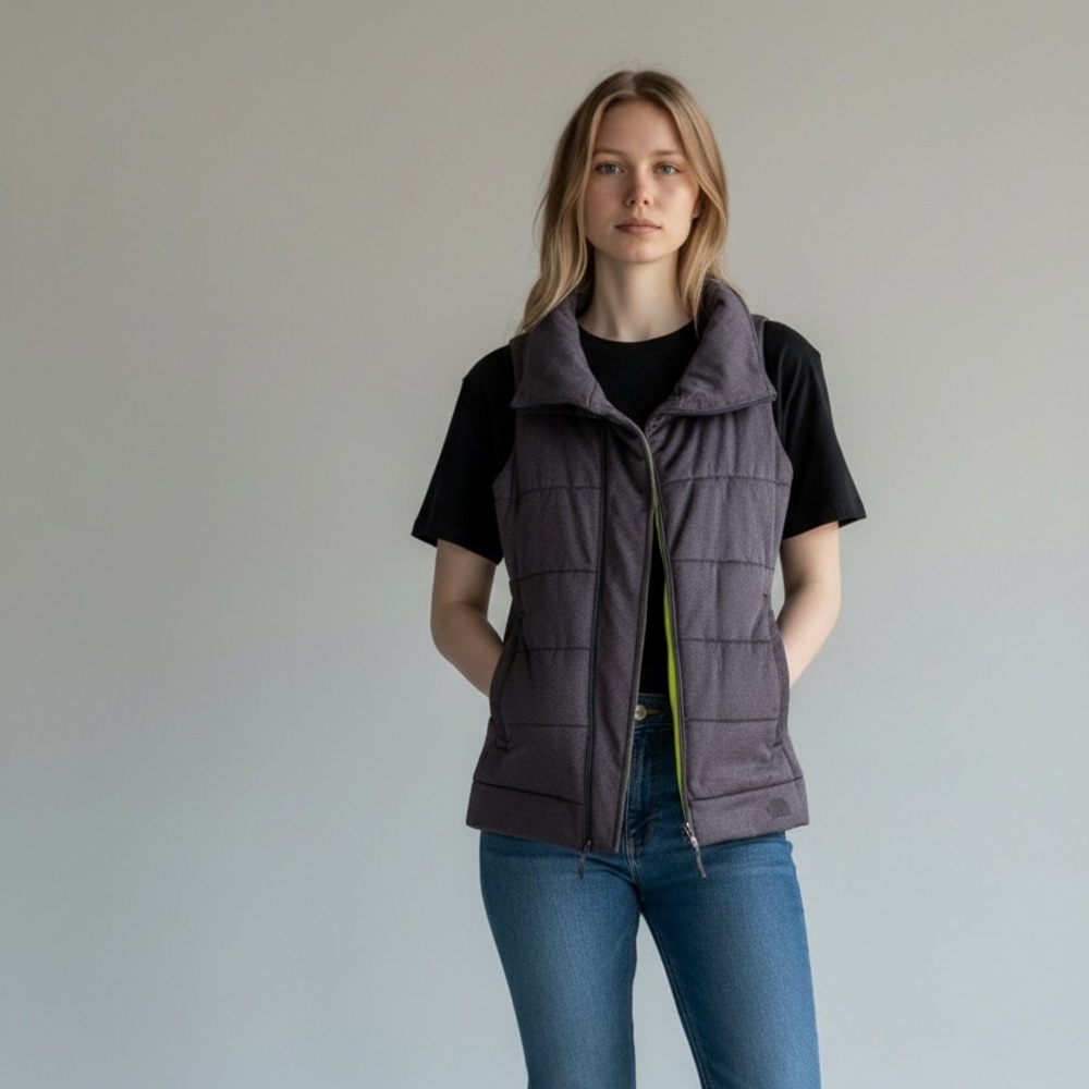 The North Face Puffer Vest Women’s Large Gray / Neon Yellow Lining